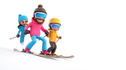 Obraz premium A cartoon family of three is skiing down a slope, the father in the middle, with his daughter on his left and his son on his right. They are all wearing winter clothes and smiling.