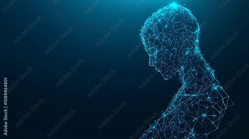 Poster futuristic polygonal human figure rendered in a low poly wireframe style illuminated by a soft blue 