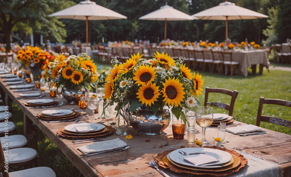 Poster A large table is set with a variety of plates, silverware, and glasses. The table is surrounded by chairs and umbrellas, creating a warm and inviting atmosphere