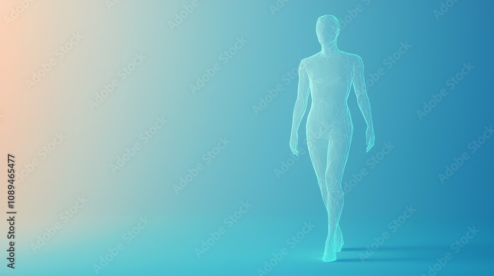 Poster futuristic polygonal wireframe silhouette of abstract human figure against gradient blue background 