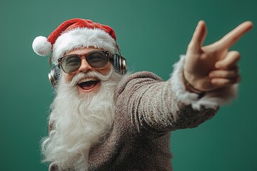 Cool and cheerful Santa Claus sings and dances on a bright background in sunglasses and headphones