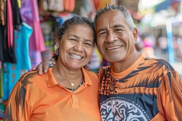Fototapeta premium Portrait of a smiling latino couple in their 50s sporting a breathable mesh jersey over vibrant market street background