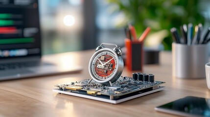 Innovative futuristic clock crafted from repurposed electronic waste components artfully displayed on a minimalist modern desk alongside cutting edge tech gadgets