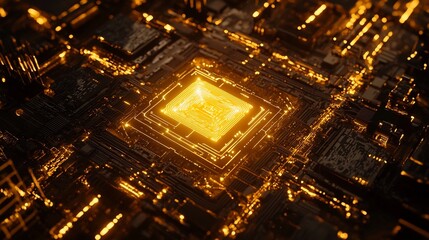 Futuristic semiconductor with a luminous neon yellow logo in the center surrounded by a rich dark background with golden electronic lines and intricate tech elements