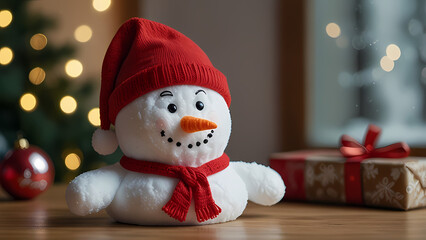 Close up of a snowman doll wearing a Santa Claus hat on a table with Christmas attributes around it