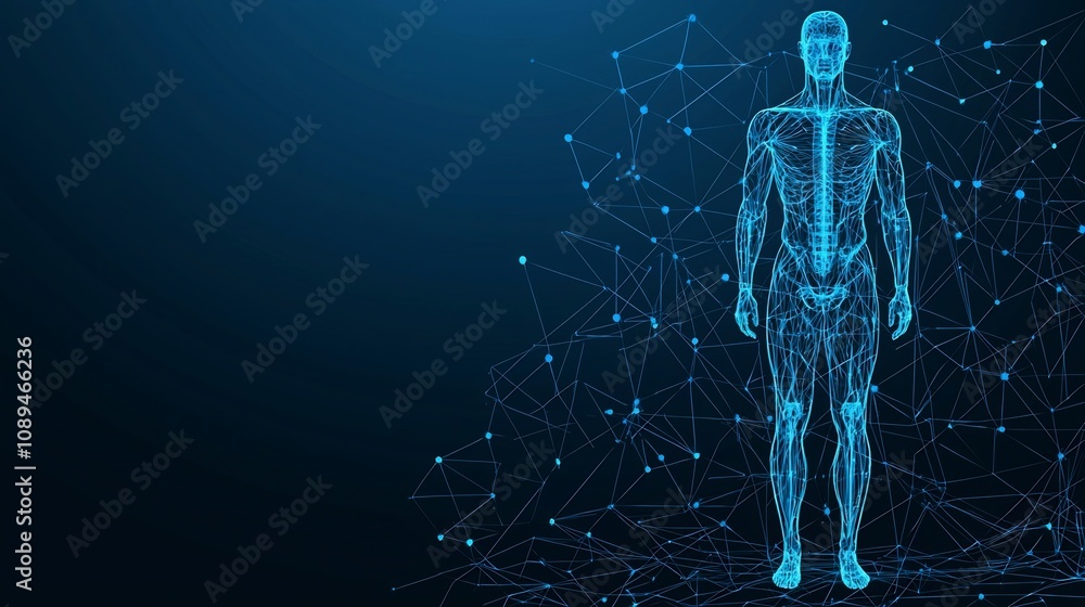 Poster futuristic wireframe human figure in a low poly design glowing with precision and detail on a sleek 