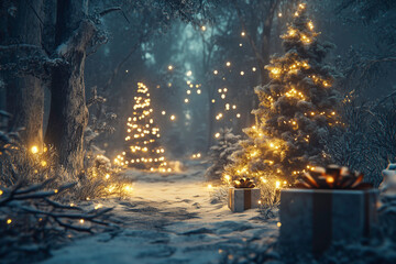 snow wood landscape by night and decorated christmas trees