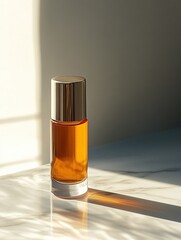 A glass bottle filled with amber liquid sits on a marble surface, illuminated by soft light, casting a gentle shadow.
