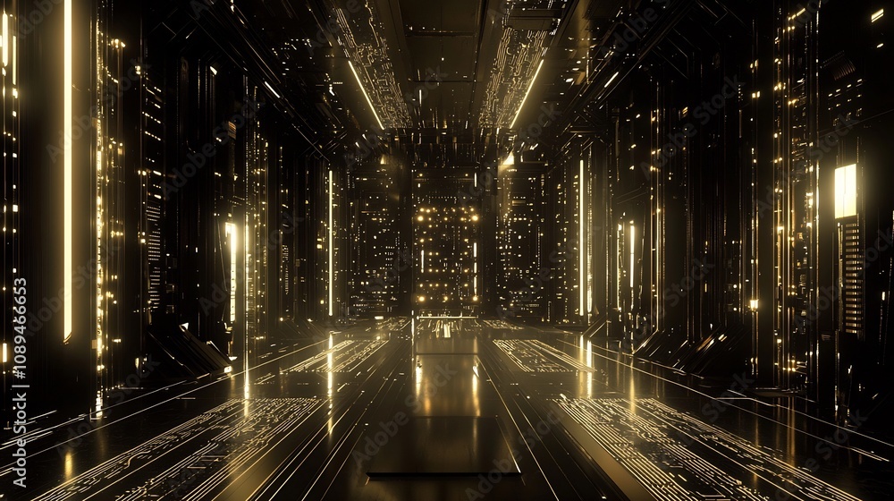 Poster gleaming golden circuit lines computer motherboard details and a dark futuristic tech aesthetic high