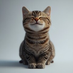 Obraz premium A cute, smiling kitten sits contentedly, showcasing its striped fur and playful demeanor.