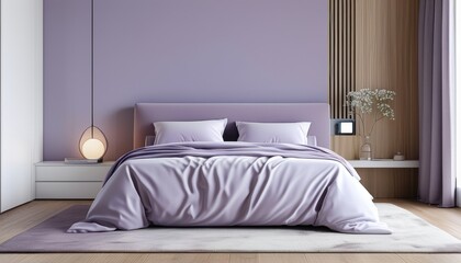 Minimalist lavender bedroom design with copy space in high fidelity