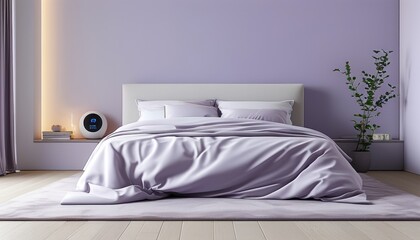 Serene minimalist bedroom in soft lavender with copy space