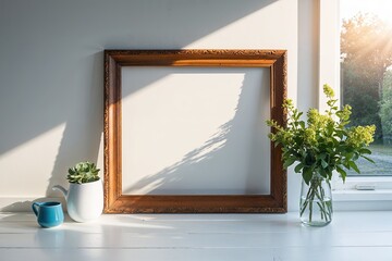 Charming Vintage Wooden Frame on Bright White Background in Warm Morning Sunlight