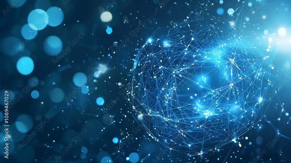 Poster glowing abstract atom icon with light filled orbits and radiant sparkles on a modern blue technology