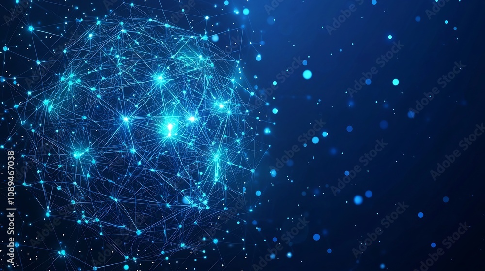 Poster glowing abstract atom icon with light filled orbits and radiant sparkles on a modern blue technology