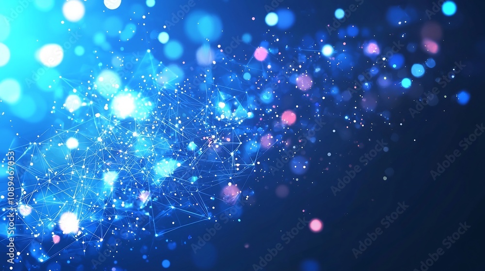 Poster glowing abstract atom icon with light filled orbits and radiant sparkles on a modern blue technology