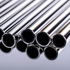 A bunch of stainless steel pipes stacked on top of each other