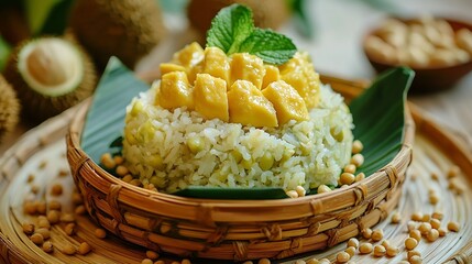 Mouthwatering Durian Sticky Rice Dish with Creamy Coconut Sauce and Tropical Garnishes A Vibrant and Flavorful Southeast Asian Culinary Delight Showcasing the Rich