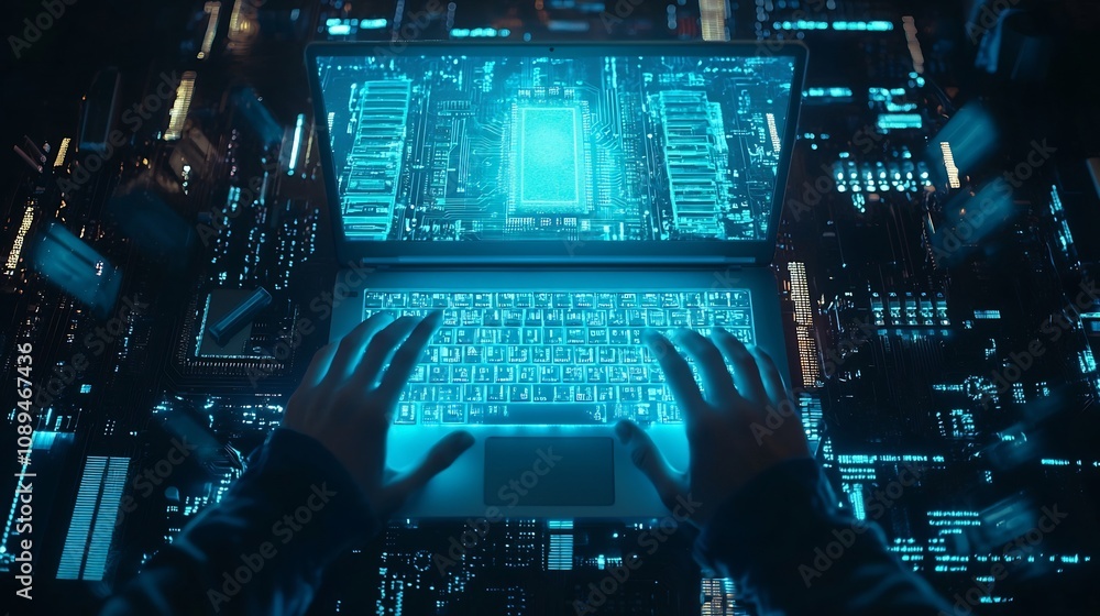 Poster glowing blue ai powered laptop amidst dark electronic background with hacker hands and data glitches