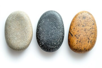 Three smooth stones in different colors isolated on white