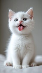 A playful white kitten sticks out its tongue, showcasing its adorable features and playful personality in a soft, cozy setting.