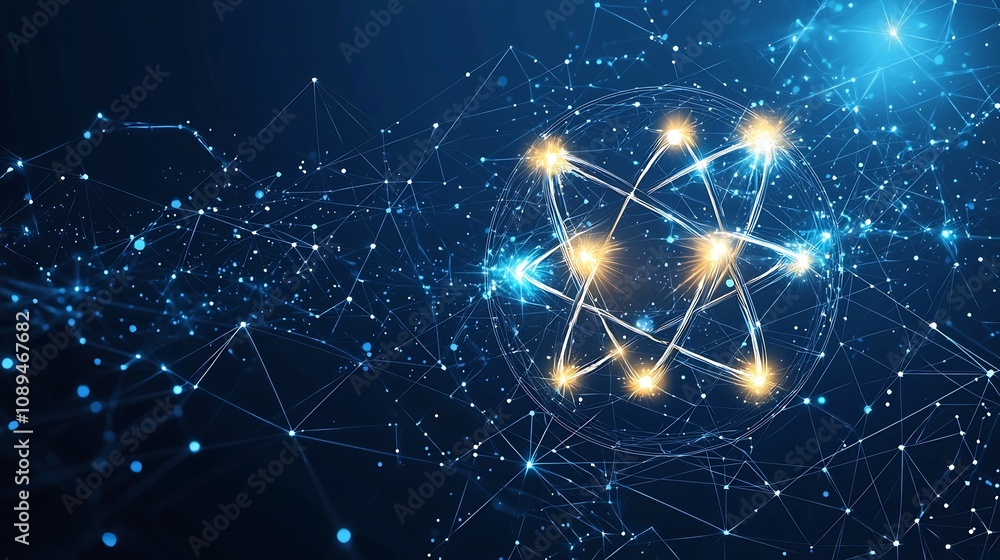 Poster glowing abstract molecular or atomic symbol with radiant orbits and sparkling highlights set against