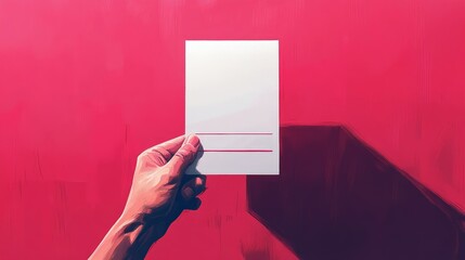 Obraz premium Hand holding a blank white card against a red background.