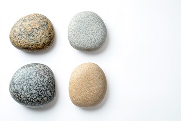 Four distinct pebbles on white surface