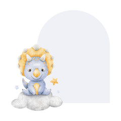 Triceratops sitting on cloud, stars. Isolated hand drawn kids Watercolor frame. Background of blue baby dinosaur for children's room, kids goods, posters, baby shower cards