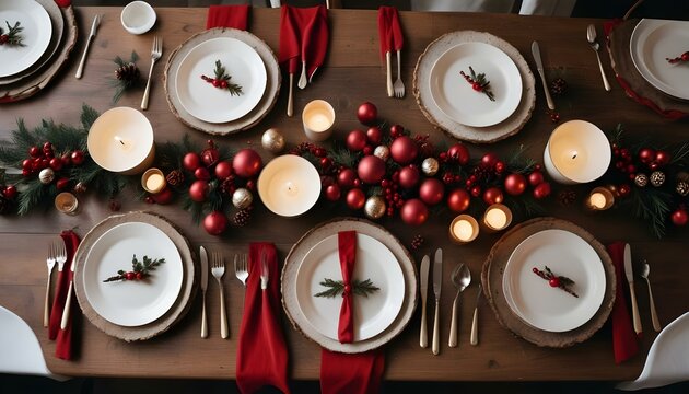 Mesa Festiva de Navidad Vista aérea de una mesa decorada para la cena navideña, con detalles como platos de cerámica blanca, velas rojas, ramas de abeto y adornos dorados 