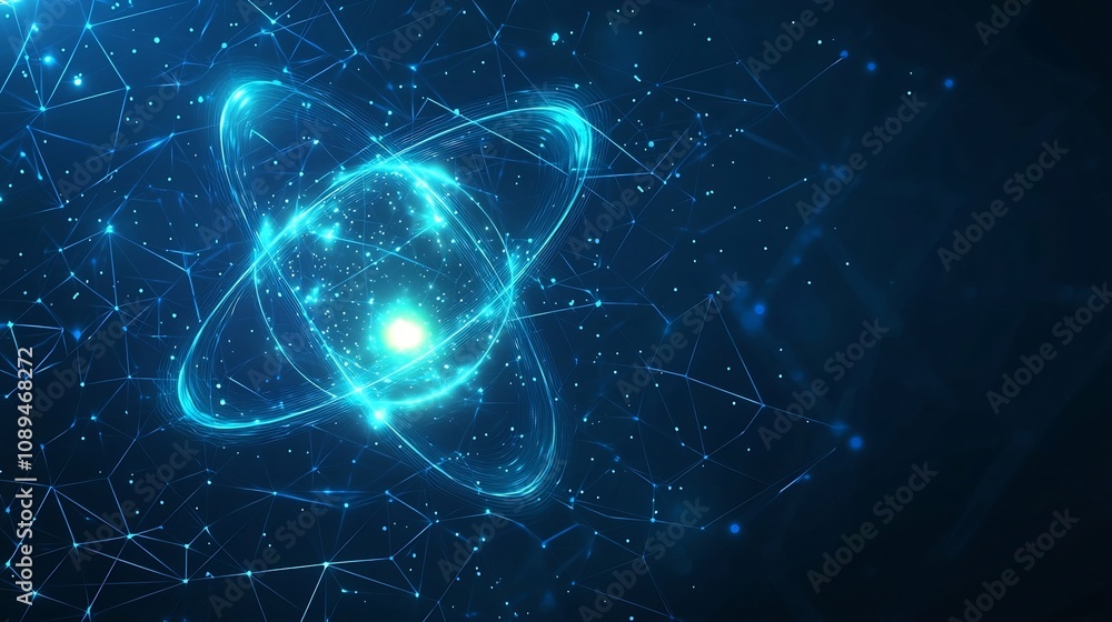 Poster glowing cosmic atom design with bright orbiting lights and sparkles resting on a modern blue polygon