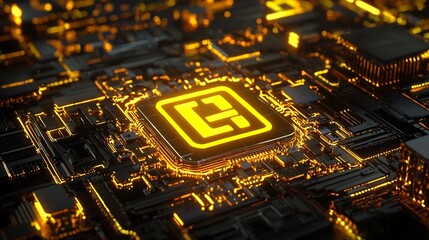 Glowing chip concept featuring a central neon yellow logo set against a rich dark technology background with intricate golden circuitry details