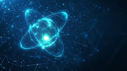 Obraz premium Glowing cosmic atom design with bright orbiting lights and sparkles resting on a modern blue polygonal technology backdrop A perfect visual representation of molecular and nuclear science