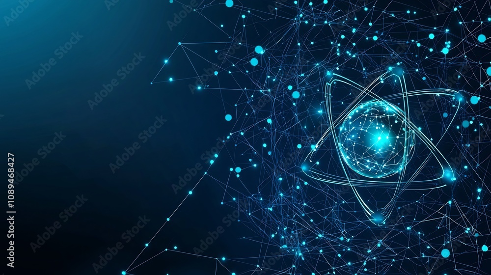 Poster glowing cosmic atom icon with interconnected orbits and sparkling accents set against a sleek polygo