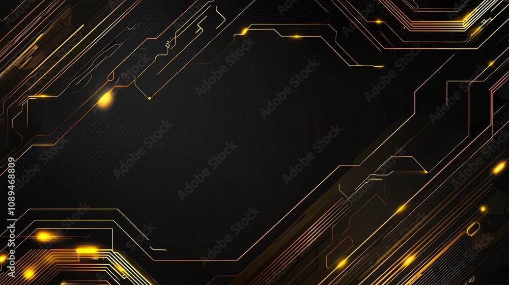 Poster glowing golden circuit board patterns set against a dark sophisticated technology background with su