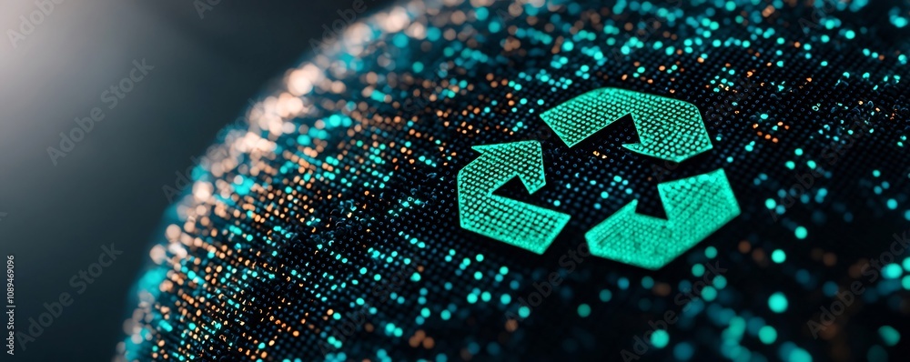 Poster glowing green recycling logo embedded in a globe made of digital data streams symbolizing global eco