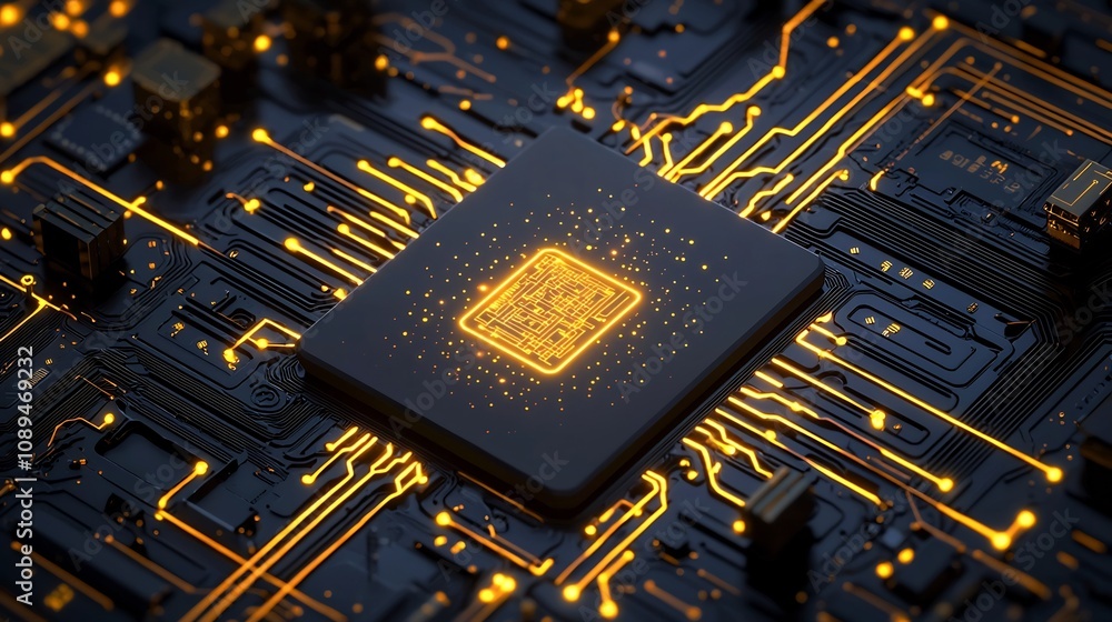 Poster glowing luxury microchip with a neon yellow intelligence logo set in a dark technological environmen
