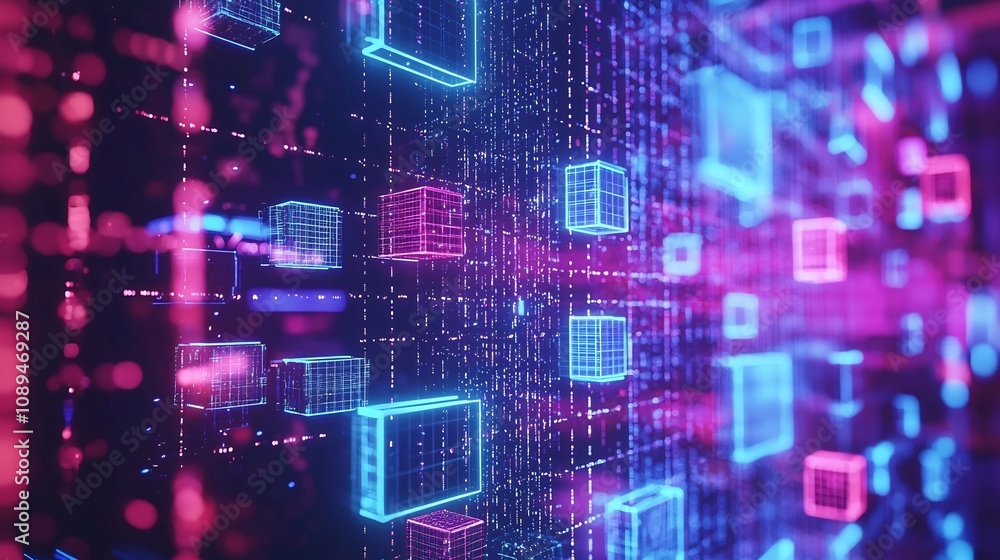 Poster futuristic blockchain technology validation process in real time holographic display