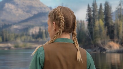 Fototapeta premium A woman with blonde hair in braids facing away from the camera
