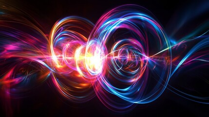 A vibrant and dynamic abstract representation of swirling light waves in vivid colors against a dark background.