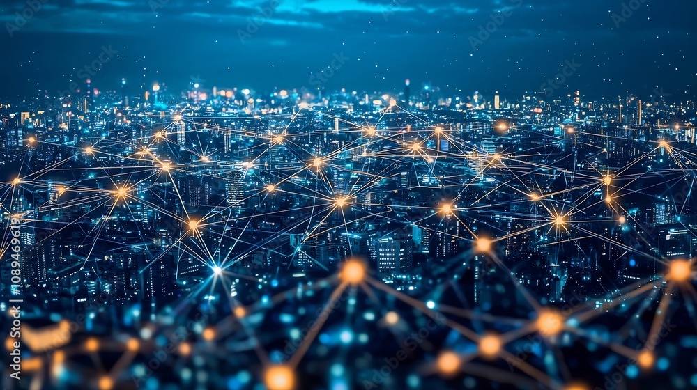 Poster glowing digital nodes representing interconnected decentralized finance through blockchain technolog