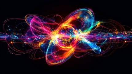 Obraz premium A vibrant, abstract representation of energy and motion, showcasing colorful waves and particles against a dark background.