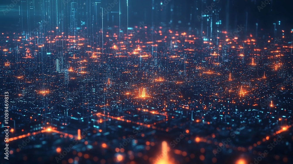 Poster glowing digital nodes over a futuristic cityscape representing interconnected blockchain technology