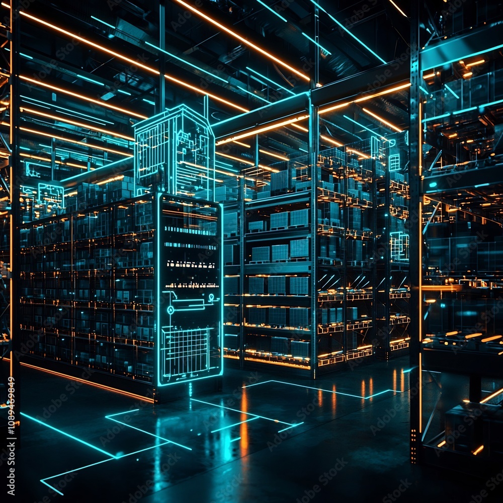 Poster futuristic blockchain powered warehouse monitoring secure supply chain inventory tracking