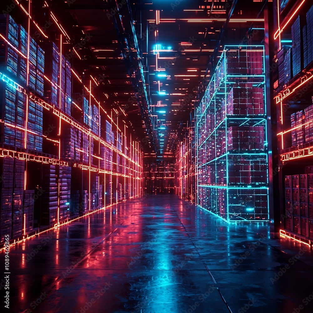 Poster futuristic warehouse with blockchain powered inventory tracking and secure supply chain monitoring