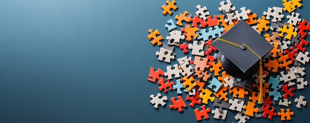 representation of a graduation cap made of colorful puzzle pieces symbolizing the challenge problem solving and goals achieved in academic endeavors and educational milestones