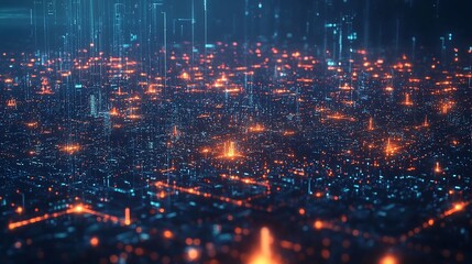 Glowing Digital Nodes Over a Futuristic Cityscape Representing Interconnected Blockchain Technology