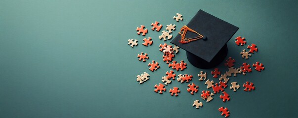 representation of a graduation cap made of puzzle pieces symbolizing the problem solving skills and goals achieved during the educational journey towards success and personal growth