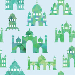 Seamless pattern with Indian palaces, parts of architecture, traditional famous landmark, triangles design elements