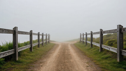 Fototapeta premium Fog obscures a path with rustic fences, veils the horizon.